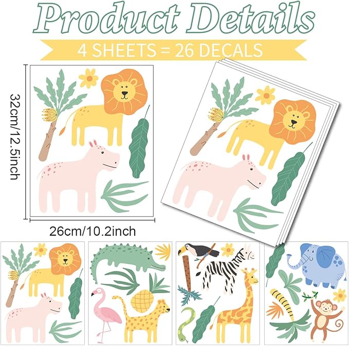 Animal Wall Decals Peel and Stick, 26 Pcs Jungle Safari Animal Decor for Boys Bedroom Nursery Computer Lockers Living Room