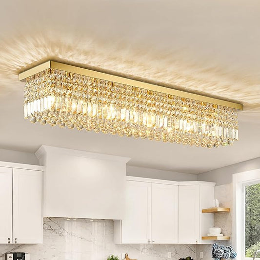 Siljoy Modern Crystal Ceiling Light Luxury Gold Rectangular Flush Mount Crystal Raindrop Chandelier 10 Lights Large Rectangle Pendant Light for Living Dining Room Kitchen Island L47'' x W10'' x H10''