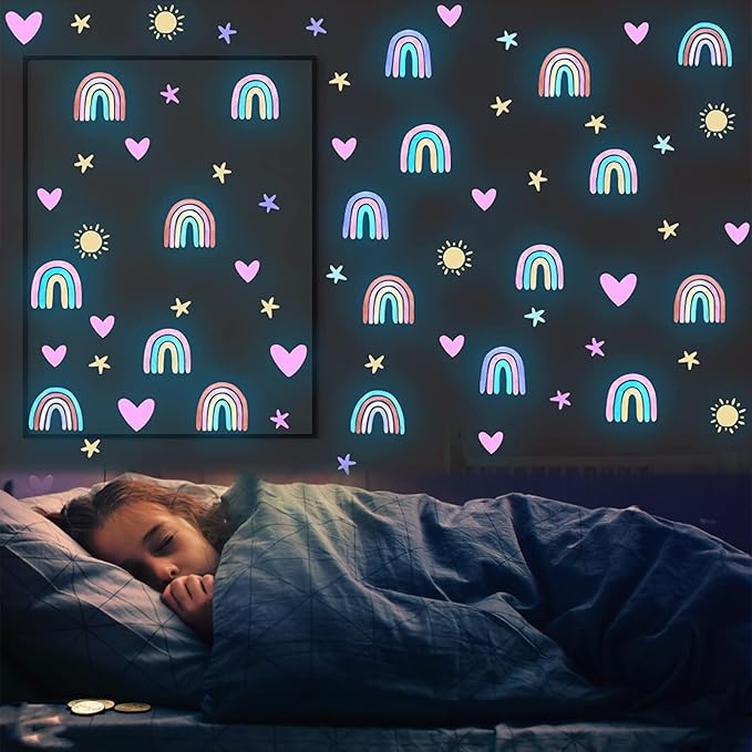 NICENEEDED 4 Sheets Glow in The Dark Rainbow Wall Decal, Glowing Luminous Small Rainbow Wall Stickers, Removable Self-Adhesive Ceiling Sticker Decals for Bedroom Decoration