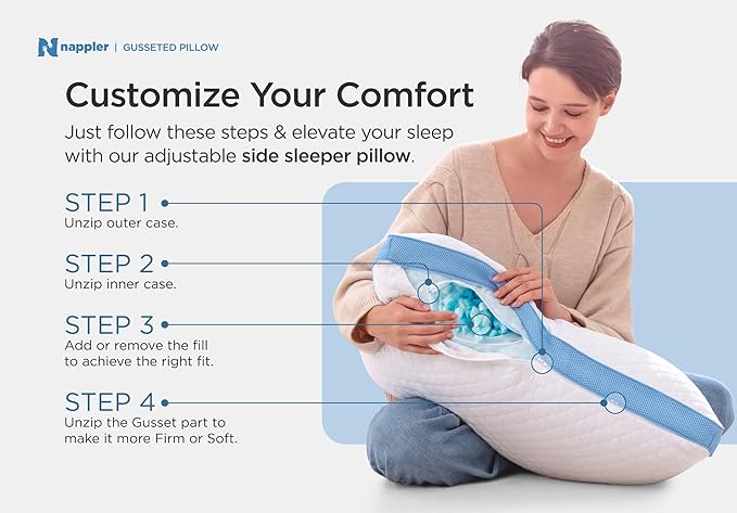 Side and Back Sleeper Pillow for Neck and Shoulder Pain Relief - Shredded Memory Foam Bed Pillow for Sleeping - 100% Adjustable Fill - King Size - Set of 2 Washable Case. Extra Fill Included