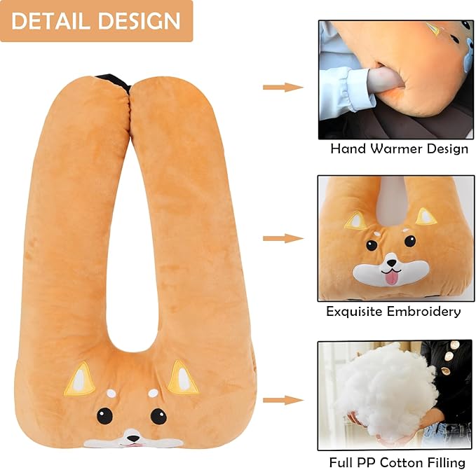 Kids Travel Pillow for Car Seat with Hand Muff, Cartoon Neck & Headrest Seat Belt Pillow for Car Road Trips Long-Distance Travel Sleeping Pillow for Adults and Children, Corgi