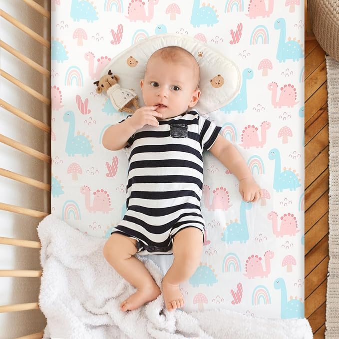 Pack n Play Fitted Sheet .2 Piece Mini Crib Sheet Stretch Playard Sheet Portable Sheet Set. Elastic Convertible Playard Sheet Set Compatible with Graco Pack n Play (Rainbow and Dinosaur Park)