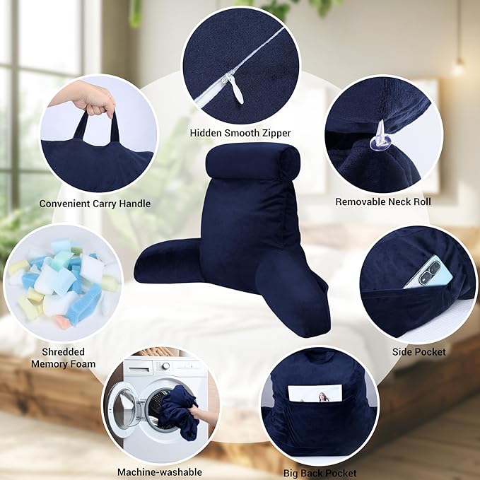 COOLBEBE Reading Pillow for Bed Backrest Pillow for Bed Sitting Up Adult with Arms Navy Back Support Pillow with Headrest & Pockets, Removable Washable Cover and Detachable Neck Roll(Extra Large 27")