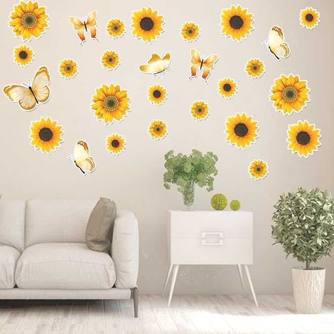 Sunflower Wall Decals, Butterfly Wall Stickers Sunflower Peel and Stick Decor for Bedroom Kitchen Living Room Home Decor