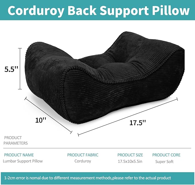 Lumbar Support Pillow for Office Chairs, Back Support Pillow for Lower Back Pain Relief, Soft & Good Support Corduroy Desk Lumbar Cushion, 17.5"x10"x5.5", Medium(Black