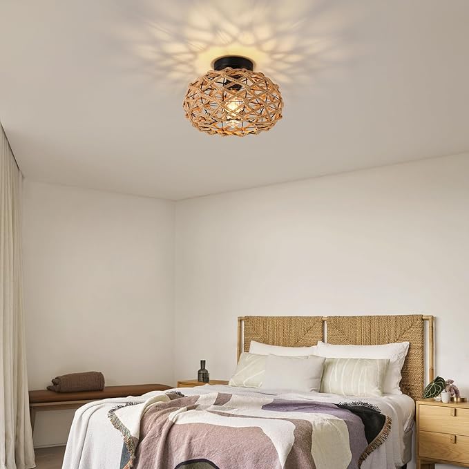 Rattan Ceiling Light Fixtures, Woven Wicker Semi Flush Mount Ceiling Light, Coastal Boho Rattan Ceiling Light for Farmhouse Bedroom Hallway Entryway Kitchen