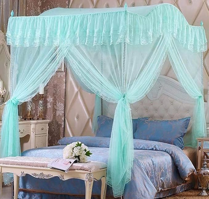 Mengersi Arched 4 Corners Post Bed Curtain Canopy Net Square Princess Fly Screen, Indoor Outdoor (Queen, Sky Blue)
