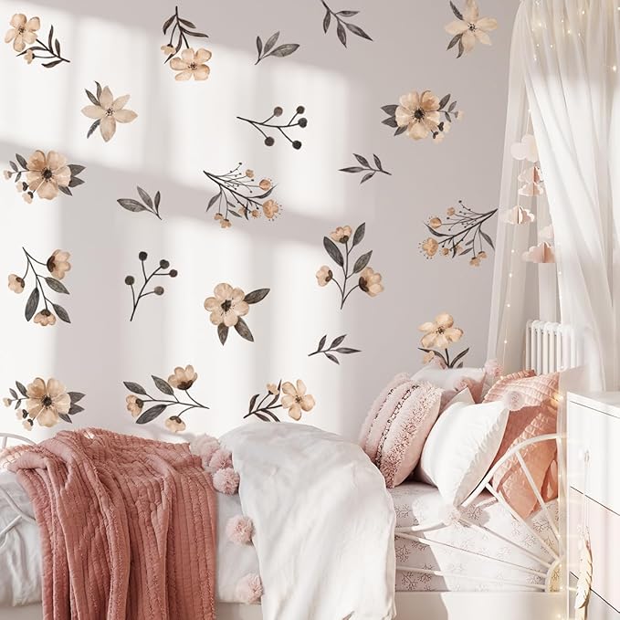 Boho Flower Wall Decals,Watercolor Flower Wall Art,Wildflower Wall Decals,Girls Bedroom Removable Wall Decals,Nursery Kids Room Decor Vinyl Murals DIY Cute Decorations (Boho Flower Wall Decals)