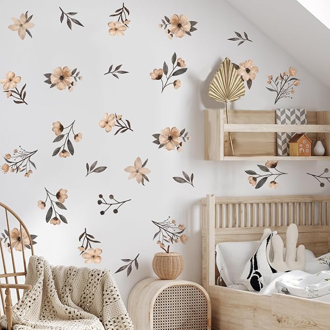 Boho Flower Wall Decals,Watercolor Flower Wall Art,Wildflower Wall Decals,Girls Bedroom Removable Wall Decals,Nursery Kids Room Decor Vinyl Murals DIY Cute Decorations (Boho Flower Wall Decals)