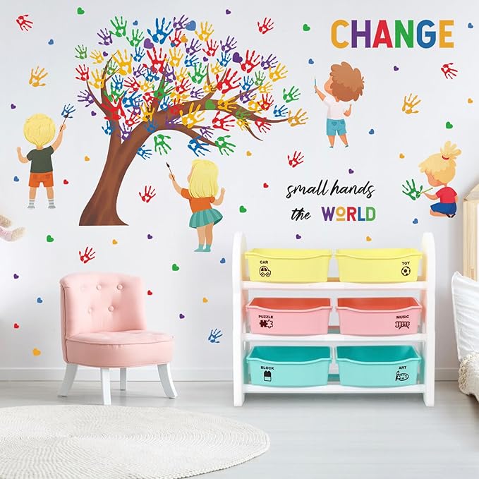 Children's Day Wall Decal Gifts for Kids Small Hands Change the World Equality Wall Stickers 2 Sheet of 82pcs Classroom Wall Decals Colorful Inspirational Quotes Wall Sticker for Reading Room Playroom