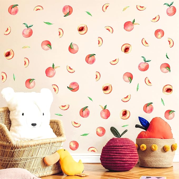 Peach Wall Decals Fruit Wall Stickers Peel and Stick Boho Wall Decals Fruit Leaf Wall Decals Kitchen Wall Stickers Cute Fruit Wall Decals for Nursery Bedroom Kids Room Kitchen Decor