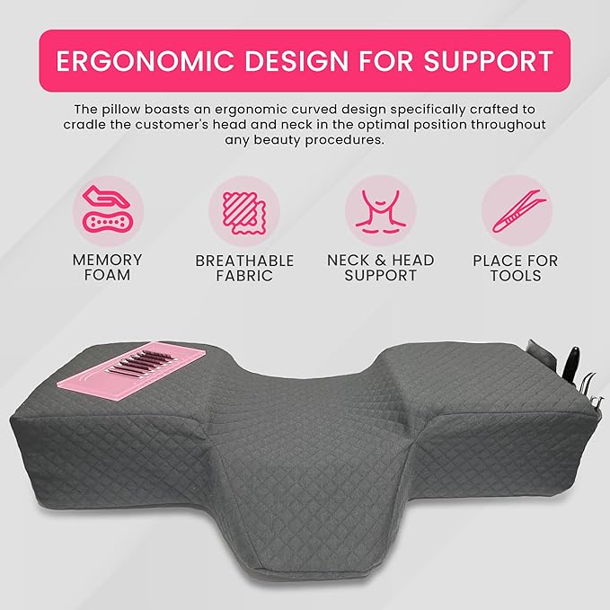 Pillow for Eyelash Extensions - Curved Memory Foam Lash Bed Pillow with Neck and Back Support, Perfect Pillow for Eyelash Extensions, Two Pockets for Tools On The Sides of Pillow (Gray)