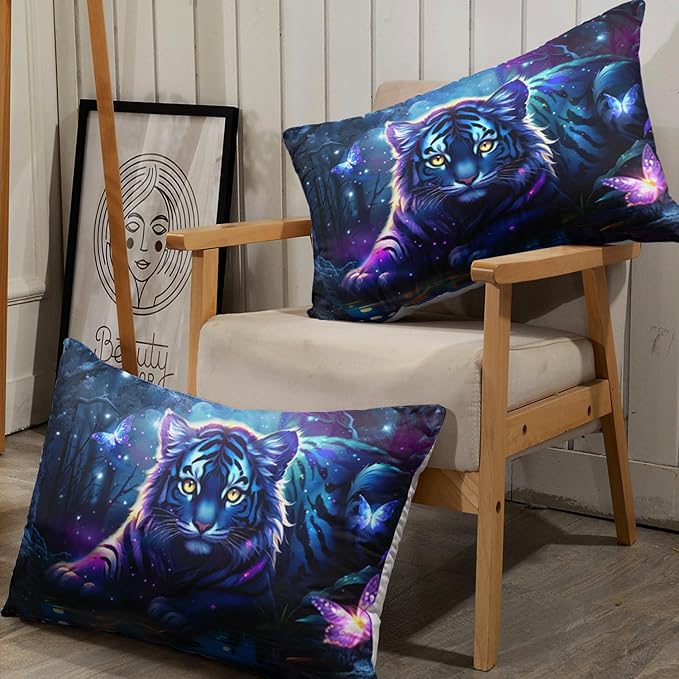 AILONEN Tiger Fitted Sheet Set Queen Size, Fairy Starry Forest Cute Tiger Sheet Wildlife Bed Sheet Set,3 Pieces Printed Fitted Sheet with 2 Pillowcases