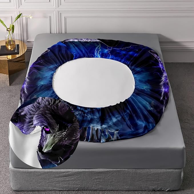 AILONEN Wolf Fitted Sheet Set Twin XL Size, Black Wolf Lightning Howling Wolf Bed Sheet Set for Boys,Wildlife Soft 3D Printed Fitted Sheet with 2 Pillowcases,3 Pieces