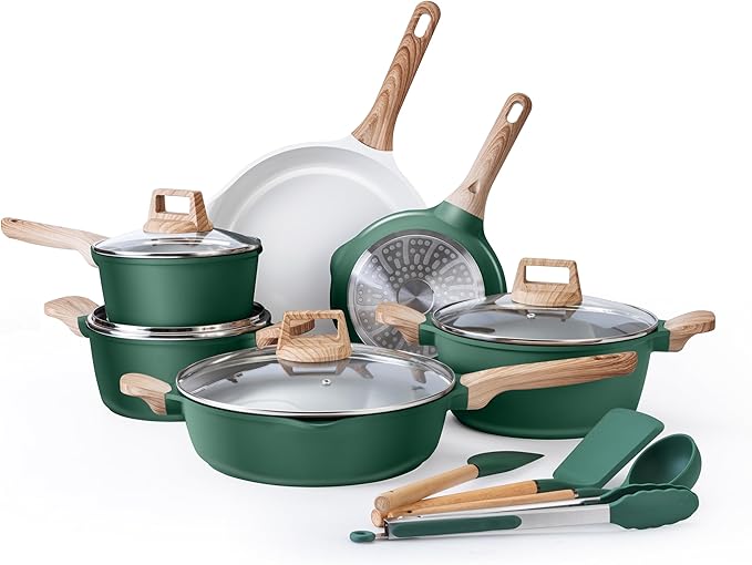 Country Kitchen Pots and Pans Set Nonstick, Cast Aluminum Kitchen Cookware Set with Utensils, 14 Pcs Non Stick Cooking Set w/Frying Pans & Saucepans