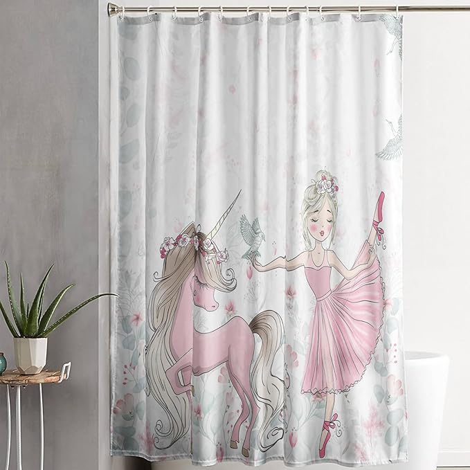 AILONEN Unicorn Shower Curtain, Cartoon Unicorn with Ballerina Girl Shower Curtain Set for Girls Teens Kids,Watercolor Pink Flowers Fabric Shower Curtain for Bathroom,72" W*72" H