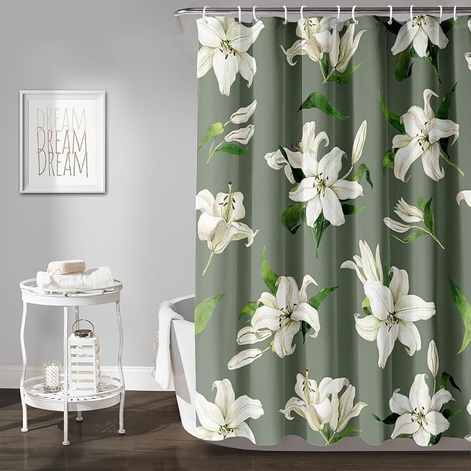 AILONEN Flower Shower Curtain, Vintage Garden Lilies Theme Waterproof Fabric Shower Curtain Set,Green Spring Flowers Bathroom Decor for Teen Girls Women,72" W*78" H