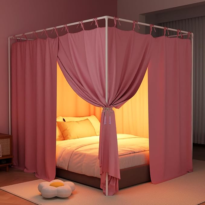 Pink Canopy Bed Curtains - 4 Corner Post Bed Curtains King Size Lightproof Drapes Bed Canopy with Top Ties and Tie Backs for Adults & Girls Bedroom Decoration(Pink,King)