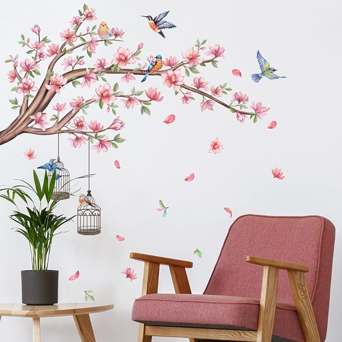 Pink Flowers Wall Stickers Cherry Blossom Tree Branch Wall Decals Colorful Flying Birds Birdcage Wall Sticker for Girls Room Bedroom Living Room TV Background Nursery Decor