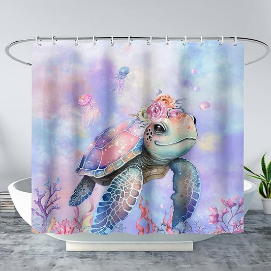 AILONEN Kawaii Sea Turtle Shower Curtain,Tie Die Turtle Bath Curtain Cloth Fabric Bathroom 48" W*72" H Inch,12 Pack Hooks for Kids Child Cute Watercolor Pink Sea Animal Bathroom Curtain