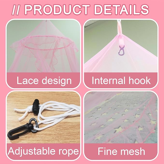 Daksha Princess Bed Canopy for Girls Room, Top and Door Trim with Lace Design, Pink Bed Canopy with Ruffles Fits Single, Twin, Full, and Queen Beds, Bedroom Decoration