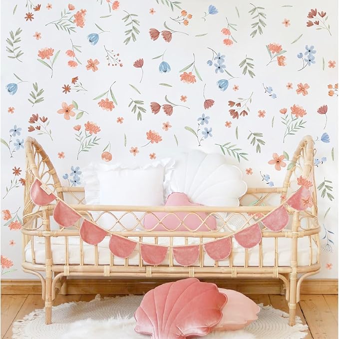 Boho Floral Wall Decals Small Flower Leaf Wall Stickers Watercolor Wildflower Botanical Plant Leaves Wall Stickers Removable Boho Flower Wall Decals for Nursery Kids Room Girls Bedroom Decor