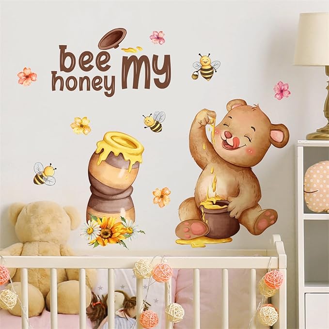 Cute Bear Bees Honey Jar Wall Stickers, sacinora Sunflower Cartoon Animal Bee My Honey Wall Decals Removable Vinyl Peel and Stick for Kids Baby Nursery Bedroom Kitchen Art Decoration