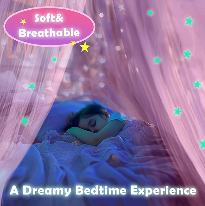 Daksha Pink Princess Bed Canopy for Girls with Glowing Stars, Ceiling Tent for Kids, Fits Twin, Full, and Queen Size Beds, Suitable for Indoor Room Decor and Outdoor Use