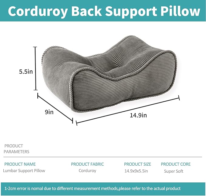 Lumbar Support Pillow for Office Chairs, Back Support Pillow for Lower Back Pain Relief, Soft & Good Support Corduroy Desk Lumbar Cushion, 14.9"x9"x5.5", Small (Grey)