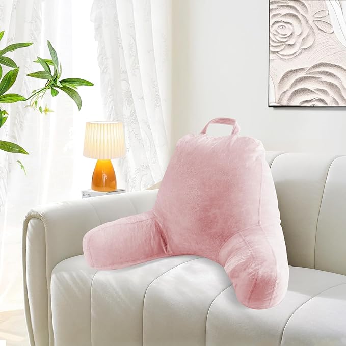Sasttie Reading Pillow for Sitting in Bed Adult, Velvet Back Pillow for Bed Sitting Up, Backrest Back Support Chair Pillow, College Dorm Essentials for Girls and Boys, Pink