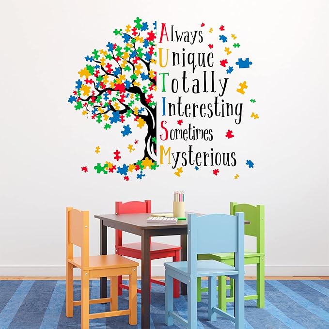 Mfault Autism Awareness Day Inspirational Sign Wall Decal Sticker, Positive Puzzle Piece Tree Colorful Nursery Classroom Decoration Baby Bedroom Art, Autistic Spectrum Motivational Kid Room Decor Gift