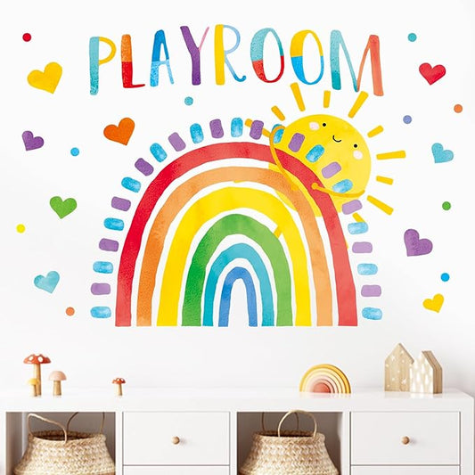 Mfault Playroom Rainbow Wall Decals Stickers, Watercolor Sun Love Hearts Nursery Decorations Kids Bedroom Art, Neutral Toddler Boy Girl Baby Living Room Classroom Decor