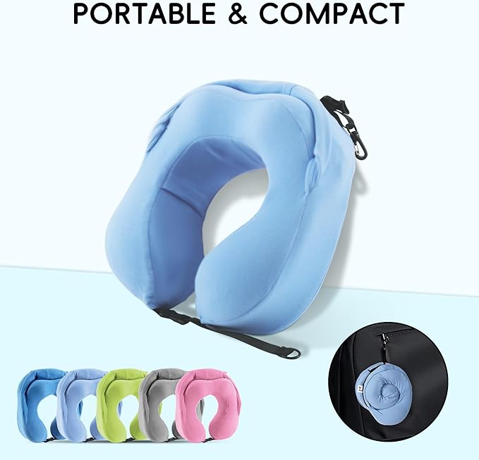 Travel Pillow with Hood for Airplane, 100% Pure Memory Foam Hooded Neck Pillow for Traveling, Car, Office, Soft, Machine Washable, Easy Storage, Blue