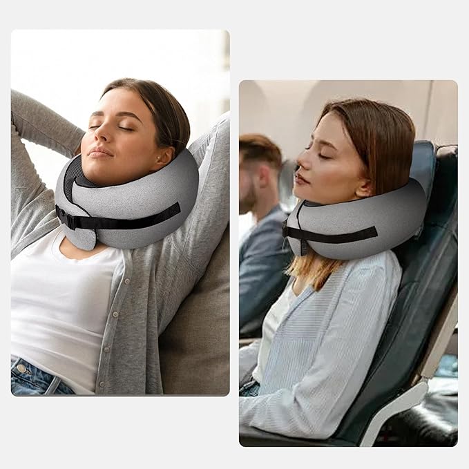 PORTHOLIC 2024 Upgraded Neck Pillow with Buckle for Travel, 100% Pure Memory Foam Travel Neck Pillow for Airplane Travel Flight Headrest Sleep, Portable Plane Accessories (Light Grey)
