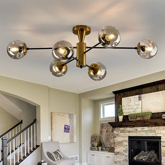 Modern Semi Flush Mount Ceiling Light Fixture 6-Light Sputnik Gold Chandelier with Glass Globe Mid Century Ceiling Lighting for Dinning Room Farmhouse Kitchen Bedroom Living Room.