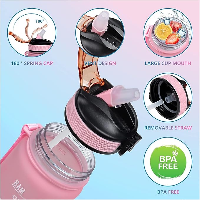 Husky Dog 32 oz Water Bottle with Times Marker to Drink and Straw, Carrying Strap, Leakproof Tritan BPA-Free, Ensure You Drink Enough Water for Fitness, Gym, Camping, Outdoor Sports