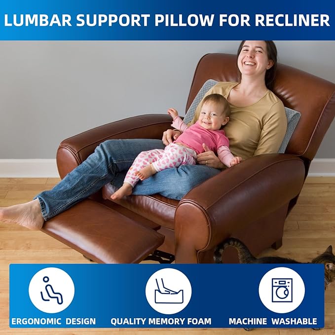 MABOZOO Memory Foam Back Support Cushion for Recliner Chair,Lumbar Support Pillow for Elderly,Extra Large Lumbar Support Pillow with Extension Straps,Grey