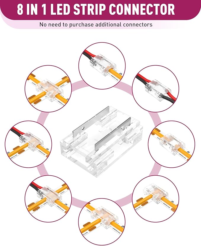 EMITEVER 8-in-1 LED Strip Connectors 12pcs, 2 Pin 8mm COB Tape Lights Terminal Connectors 8 Types Solderless Transparent Connection for 5V 12V 24V(Straight, Corner, Strip to Strip, Strip to Wire)