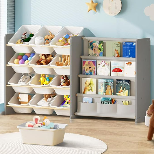 Kids Toy Storage Organizer - Toy Organizer with Kids Bookshelf, Toy Storage with 12 Toy White Bins and 4 Book Shelves, Toy Organizers and Storage for Playroom, Nursery, Kids Room, Grey