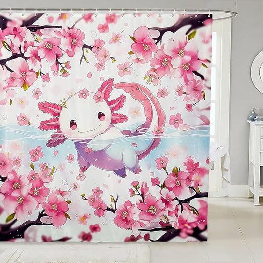 Feelyou Boys Girls Cute Axolotl Bathroom Shower Curtain Set Cartoon Salamander Bath Curtain Ocean Sealife Shower Curtain Kids Kawaii Teens Bathroom Accessories Room Decor 72"x78"