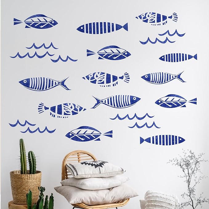 Mfault Under The Sea Blue Fish Wall Decals Stickers, Coastal Ocean Minimalist Nursery Decorations Kids Bedroom Art, Beach Nautical Neutral Toddlers Room Living Room Decor