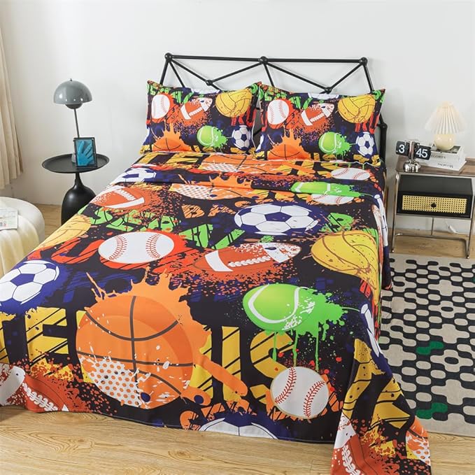 qjmiaofang Sports Sheets Queen for Boys Football Sheets Kids Sports Bed Sheets 4Pieces Baseball Sheets Sport Bed Set with Basketball and American Football Fitted Sheet Flat Sheet Set