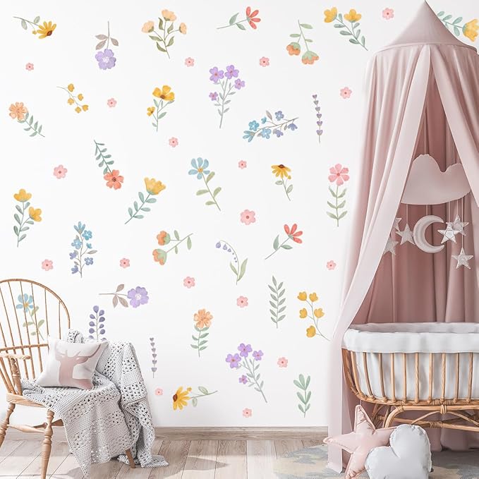 Boho Flower Wall Decals,Watercolor Flower Wall Art,Wildflower Wall Decals,Girls Bedroom Removable Wall Decals,Nursery Kids Room Decor Vinyl Murals DIY Cute Decorations (Wildflower Wall Stickers)