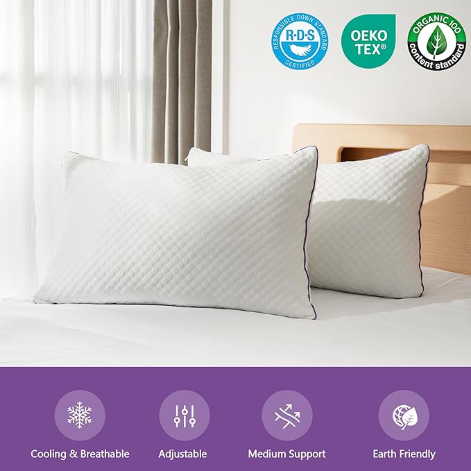 BPC Cooling Shredded Memory Foam Pillow Queen Size - Adjustable Medium Firm Pillow with Removable Cover Bed Pillows for Sleeping Side Stomach and Back Sleepers, CertiPUR-US