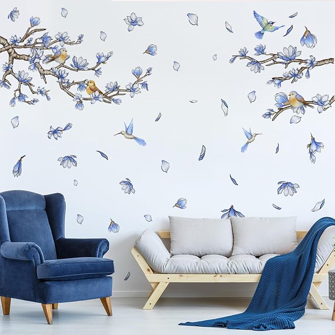 Blue Flowers Birds Wall Decals Blue Floral Garden Flower Wall Stickers Fairy Decals PVC Removable Wall Art Decals for Girls Bedroom Nursery Decor