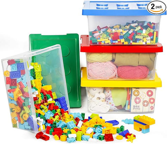 loobuu Plastic Storage Bins with Lids - Stackable Toy Storage Organizer Box Set of 4, Kids Toy Chests Container with Compatible Building Baseplate and Lid for Building Bricks - Yellow+Red+Blue+Green