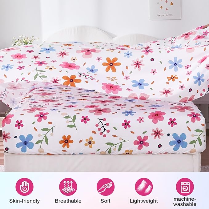 Twin Sheets Set Colorful Floral Bed Sheets Set Girls Cute Soft Microfiber Cooling Sheets 3 Pieces Kids Twin Size Bed Set Wrinkle Free, 15 inch Deep Pocket Fitted Sheet, Flat Sheet, Pillowcase