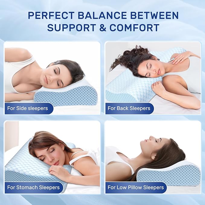 Cooling Pillow for Hot Sleepers Memory Foam Pillow Neck Contour Cervical Orthopedic Pillow for Sleeping Side Back Stomach Sleeper, Ergonomic Bed Pillow for Neck Pain-Blue White