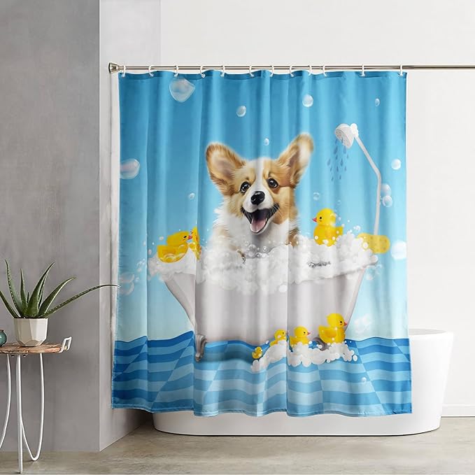 AILONEN 3D Bathtub Dog Shower Curtain for Kids 36" W*72" H Kawaii Shower Puppy and Bathtub Yellow Duck Shower Curtain,Polyester Waterproof Fabric Decor for Bathroom Bathtub Panels