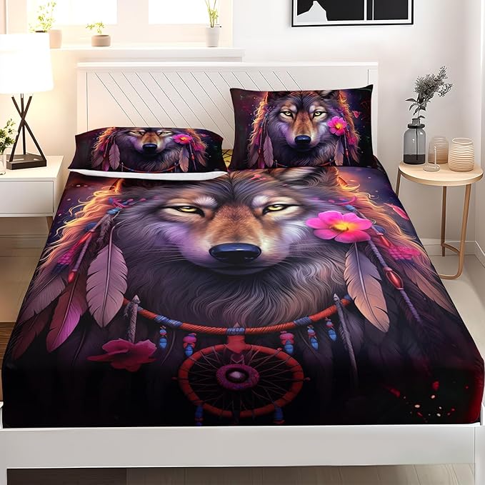 AILONEN Wolf Dream Catcher Fitted Sheet Set Twin XL Size, Wildlife Wolf Bed Sheet Set,Safari Animal Moon Wolf Fitted Sheet and 2 Pillowcases,3 Pieces(Boys/Men/Kids/Teens)